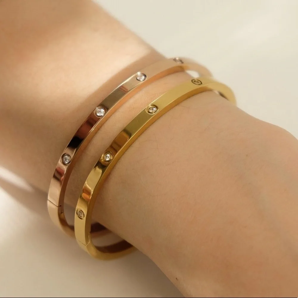 Zirconia Bangle Bracelet | Gold Plated Stainless Steel ( Rose Gold , Gold) - Picture 6 of 7